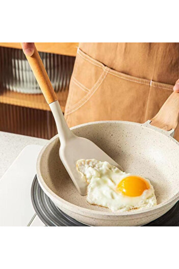 İnterlife Silicone Serving Spatula Fireproof Non-Stick Heat Resistant Kitchen Spatula with Bamboo Handle 32 cm