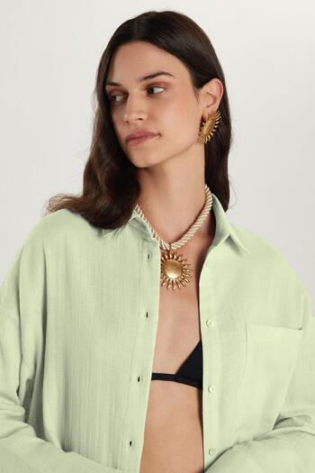 Tudors Women's Oversize Wide Cut 100% Cotton Muslin Fabric Long Sleeve Pocketed Textured Light Mint Shirt
