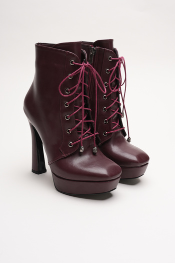 Ayakkabı Ateşi Women's Lace-Up Zippered High Heel Boots Viole Burgundy Skin