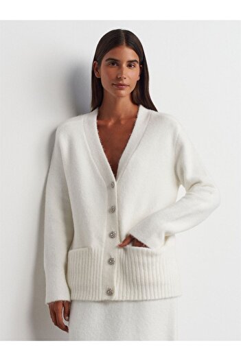 Dilvin 60269 V-Neck Stone Buttoned Soft Textured Knitwear Cardigan with Pockets-Ecru