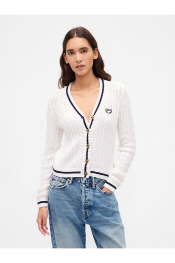 GAP Kadın Beyaz %100 Pamuk Cable Örgü Crop Logo Hırka