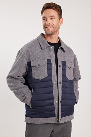 Tudors Men's Relax Fit Comfortable Cut Snap Button Quilted Lined Double Pocket Classic Collar Navy Blue Cashmere Coat