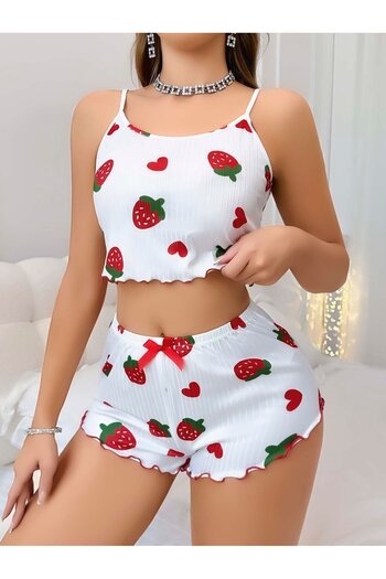 BUDİ HOME Women's White Strawberry Patterned Shorts Pajama Set 5053