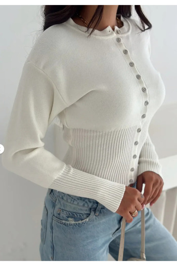 moda paketi Buttoned Ribbed Knit Crop Cardigan – Ecru