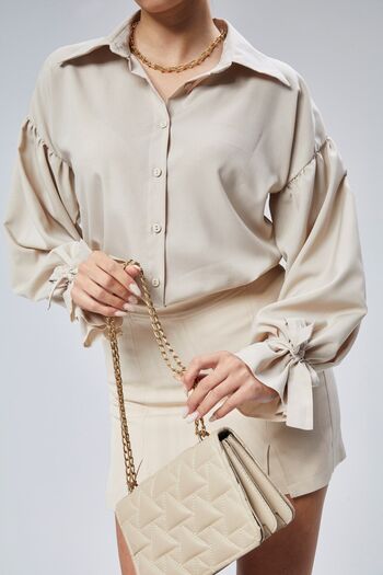 DONNA LISSA Women's Oversize Drawstring Detailed Long Sleeve Satin Blouse Shirt