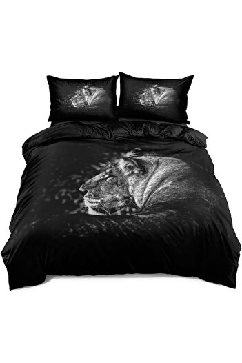 MIULEE Bed Linen Set with Lion Print, 135x200 cm, 2 Pillowcases 80x80 cm, Microfiber, Black - CN