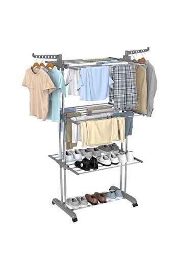 İNORAVA Vertical Clothes Drying Rack, 3 Levels, Foldable, 14 Hanger Supports, Mobile with Wheels - CN