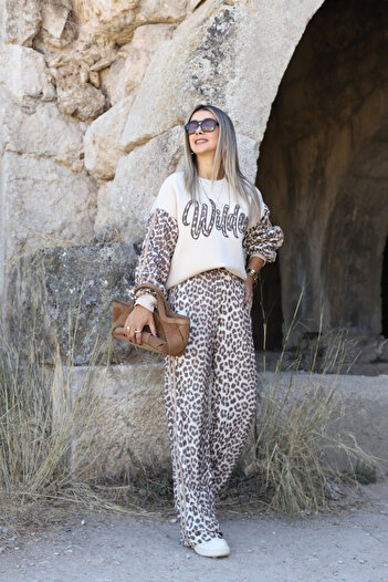 bytugcekaya Brown Leopard Print Striped Trousers