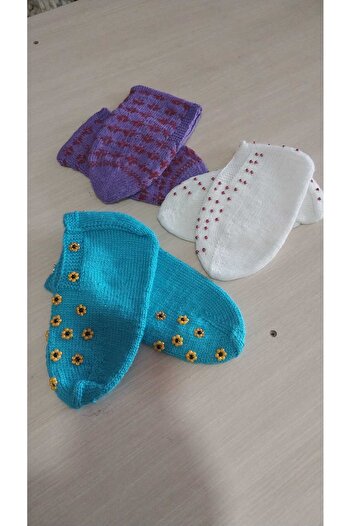 Papatyam 3 Pieces Hand Knitted Five-Skewer Booties / Handmade Booties / Dowry Booties / Knitted / Home Booties / Handmade Socks