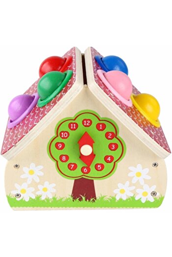 Bibilel Kids Casuta educativa lemn Montessori, Play Time, ceas, ciocanel lemn, 6 bile colorate, + 3 ani