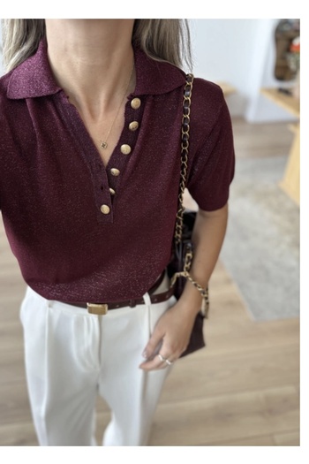 CADDELAMODA Women's Collared Short Sleeve Gold Buttoned Glitter Knitwear