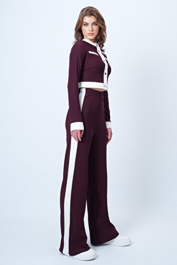 VAGGON Women's Burgundy Color Block Crop Jacket and Ottaban Pants Set Vs01179