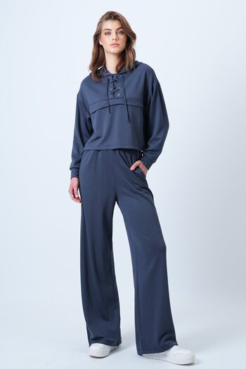 VAGGON Women's Anthracite Hooded Bird-Eye Sweatshirt and Palazo Pants Modal Set Vs01174
