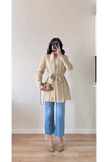 LOCH BUTİK Women's Cream Long Sleeve Belted Trench Coat