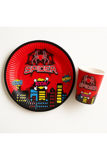 Partifabrik Spider Themed Cardboard Plate and Cup Set 8 Plates 8 Cups