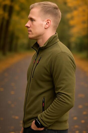 Sobe Hediyelik Men's Fleece Cardigan Stand Collar Khaki Zippered – Outdoor and Casual Use
