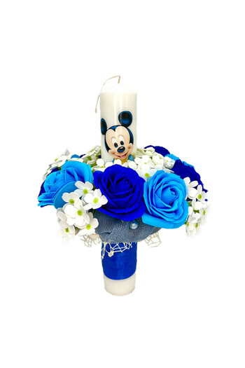 velve Lumanare de botez cu Mickey Mouse si flori de sapun, baiat, Albastru
