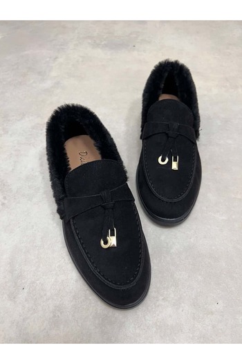 diclepolat Women's Black Loafer Plush Furry Comfortable Suede Shoes Puffy