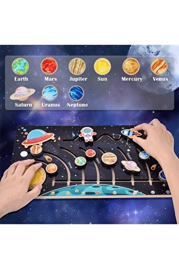 Picodino Wooden Maze Puzzle Solar System Multicolor with 9 Planets, Rocket and Astronaut,