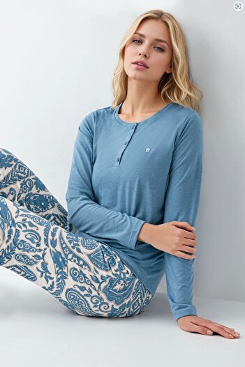 Pierre Cardin Women's Clothing Modal & Cotton Button Detail Long Sleeve 2-Piece Turquoise Pajama Set Ol.Pc.9075.001