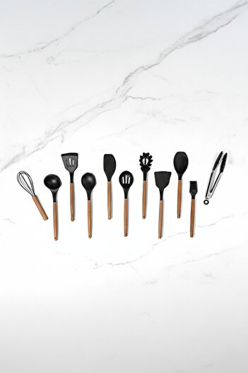 Dia Black Wooden Silicone 12 Piece Serving Tongs Set & Set