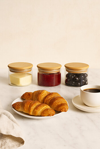 ZURİ DESİGN Airtight Set of 3 Flat Glass Breakfast Vacuum Lid Jars - 365 ml