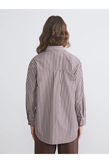 LC Waikiki LCW Modest Kahverengi Çizgili Poplin Kadın Gömlek Tunik