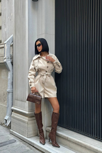 Love Fab Double-Breasted Collar Belted Shorts Jumpsuit Trench Coat