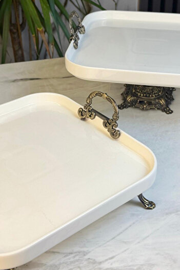 MAY HOME Antique Square Porcelain Presentation Plate & Standing Cookie Food Serving Plate with Handle