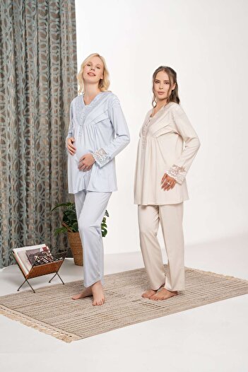 Lohussa Women's Blue Jacquard Satin Shawl Collar Winter Special Design Maternity Pajama Set