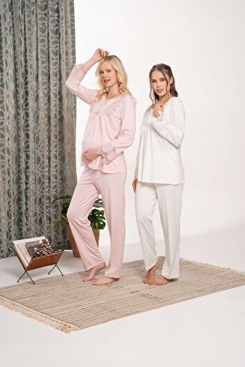 Lohussa Women's Powder Lace Detailed Winter Special Design Maternity Pajama Set