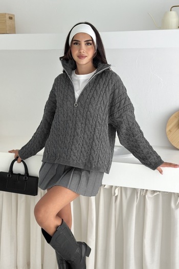 Noi Belis Oversize Hair Braided Half Zipper Knitwear Sweater Aw25Kz0052