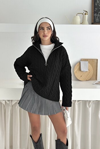 Noi Belis Pulover oversize tricotat cu fermoar pe jumătate cu împletitură de păr AW25KZ0052