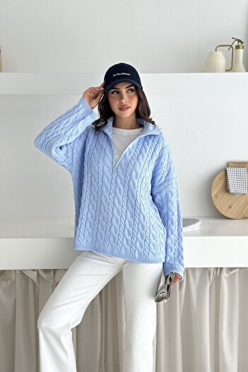 Noi Belis Pulover oversize tricotat cu fermoar pe jumătate cu împletitură de păr AW25KZ0052