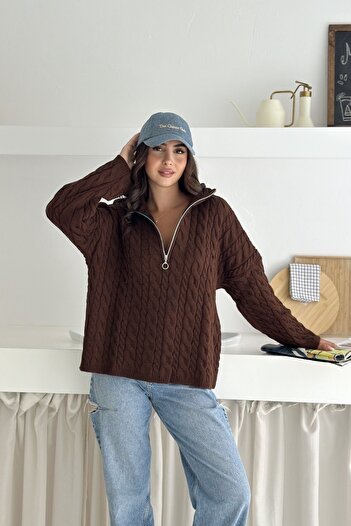 Noi Belis Pulover oversize tricotat cu fermoar pe jumătate cu împletitură de păr AW25KZ0052
