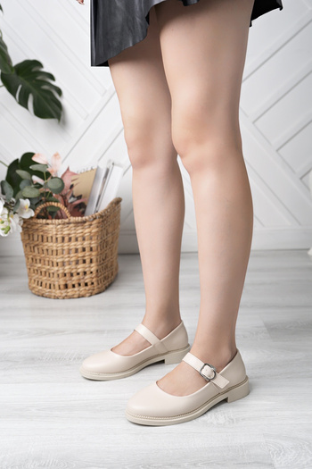RoseVeno Women's Beige Leather Platform Mary Jane Shoes