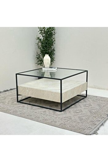 Zahra Alfkhama Coffee Table with Glass Surface and Iron Base