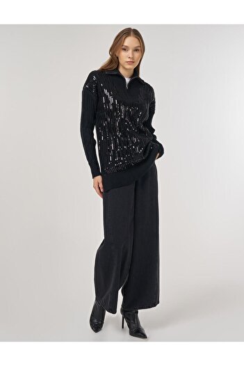 Kayra Sequin Embroidered Knitwear Tunic Black
