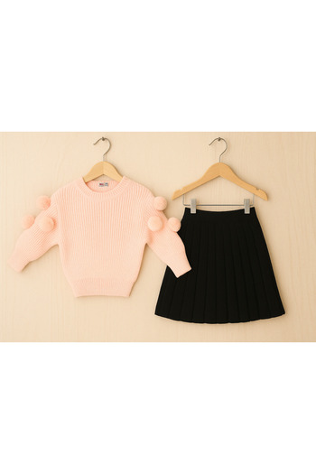 Nimini Kids New Season Flexible Crew Neck Pompom Sweater and Knitwear Pleated Detailed Skirt Top and Bottom Set (2-8 Years Old)