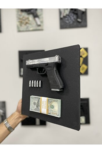 OKO DESİGN 3D Dekoratif Tablo – Glock-19 Gümüş, Mermi ve Para Banknotu