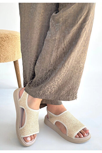 Işıltı kidss Wayi Beige Straw Skin Sandals