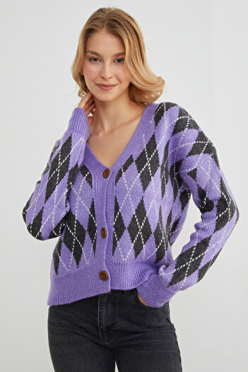 Fulla Moda Diamond Patterned Buttoned Knitwear Cardigan