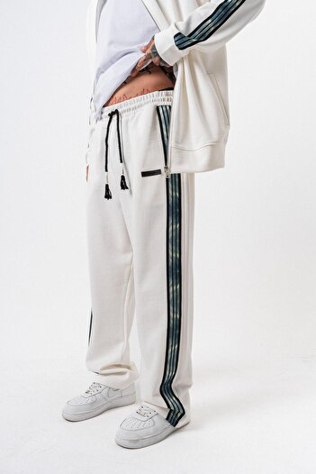 Respire Men's Dark Striped Detail Winter Doubleface Baggy Sweatpants Ecru