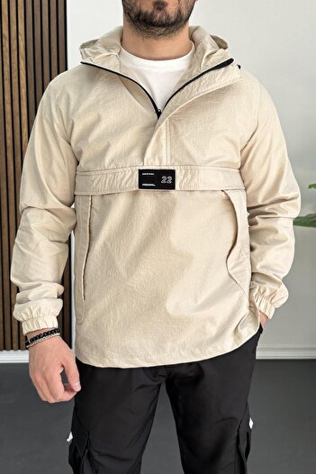 Edwox Men's Slim Fit Crinkle Fabric Kangaroo Pocket Half Zipper Seasonal Coat Cream Edw077