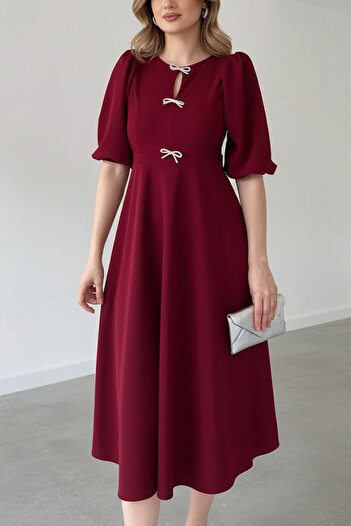MILANOFOX Balloon Sleeve Drop Neck Bow Midi Length Crepe Burgundy Dress