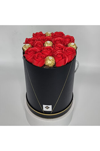 velve Desire floral arrangement in tall box with 13 red roses and Pralines, Red