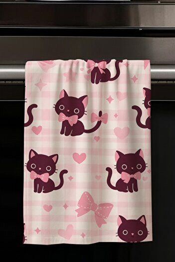 Else Dekor Pink Cats Patterned Decorative Washable Cotton Kitchen Oven Hand Towel