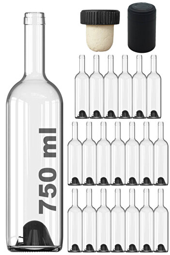 Afracam 750 ml Şeffaf Şarap Şişesi Doğal Mantar Tıpalı ve Siyah Kapüşon Dibi Çukur Cam Şişe 20 Adet