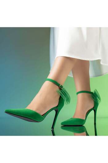 BMoD Women's green suede shoes with a thin heel and a bow MOD13914