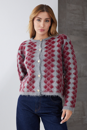 DPARİS Baklava Patterned Buttoned Front Knit Cardigan